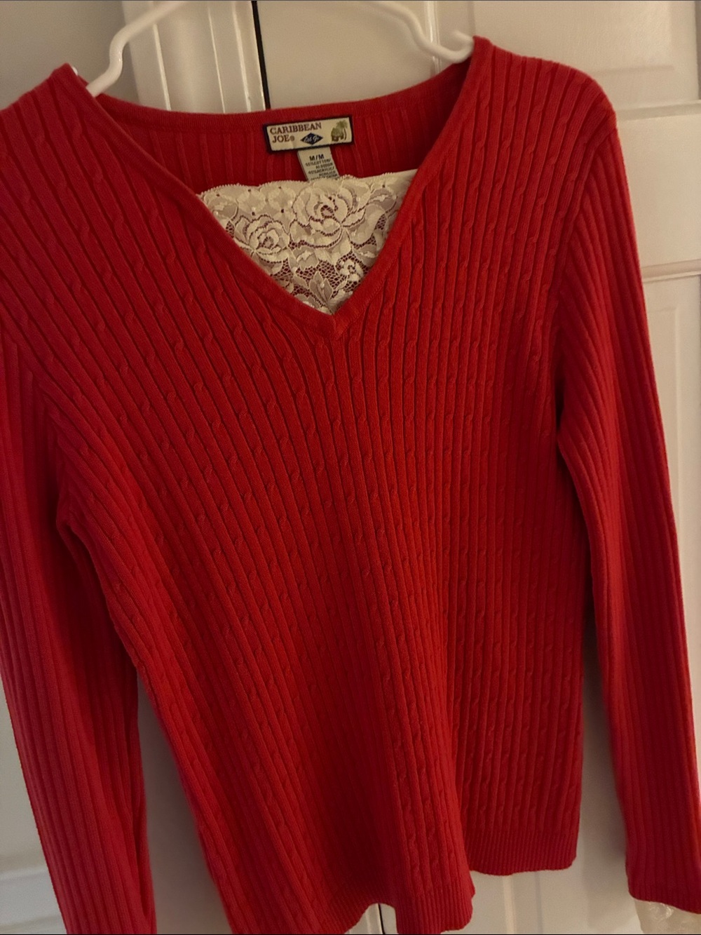 Caribbean Joe Red Ribbed V-Neck Sweater with Lace Inset